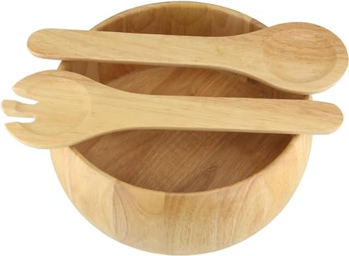 Innoteck Essentials Rubberwood Salad Bowl with 2 Servers - Large Mixing Bowl - 10 Round Serving Bowl with Spoon and Fork - for Fruits, Salads and Vegetables - Everyday Kitchenware