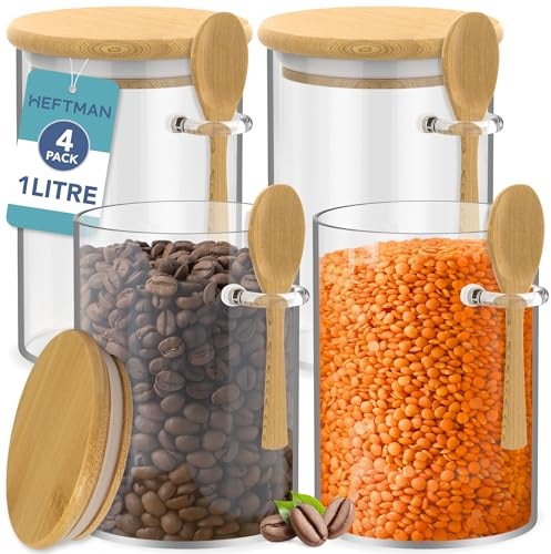 HEFTMAN Glass Jars with Bamboo Lids - 1 Litre, 4 Pack Glass Storage Jars with Lids Airtight Silicone Seal and Spoons, Ideal for Coffee, Sugar, Spices, Hot Chocolate Station