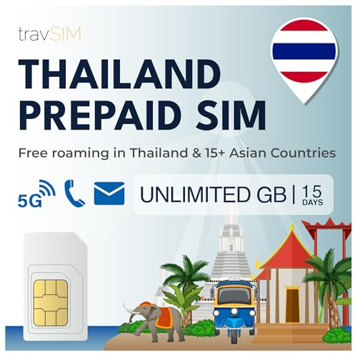 travSIM Thailand SIM-Karte | Unbegrenzte Mobile Daten | Funktioniert auf iOS- und Android-Geräten | Der Plan auf Dieser SIM-Karte für Thailand ist 30 Tage lang gültig.