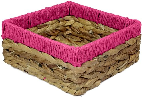 Kleine quadratische Körbe aus Wasserhyazinthe zur Aufbewahrung Natur mit rosa Kanten für Regale, offener Korb, dekoratives Geschenk, Mini-Tablett, Make-up, Küchenorganizer (1 x Packung, Größe M, 18