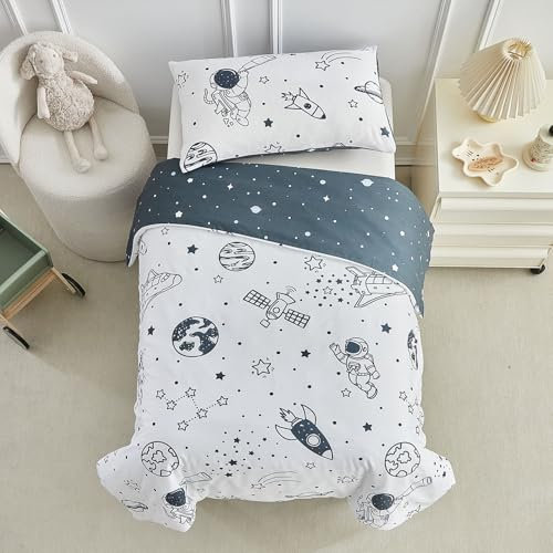DuShow Bettwäsche-Set für Kinderbett, Motiv: Weltraum, für Jungen, Blumenmotiv, Bettbezug und Kissen, 120 x 150 cm, Weiß