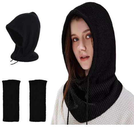 HEKOBAG Balaclava Mütze Schwarz Strickmütze Damen Winter Kapuzen Schal Unisex Warme Wintermützen Winddichte Damenmützen Sturmhaube Mit 1 Paar Handschuhe für Outdoor