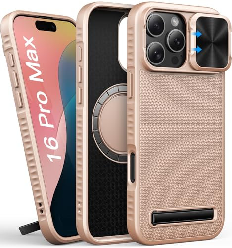SIXBOX for iPhone 16 Pro Max Case with Kickstand, Slide Lens Cover, Slim Fit, Compatible with MagSafe, Military-Grade Drop & Camera Protection, Hard Magnetic Women Case for iPhone16 Pro Max, Rose Gold