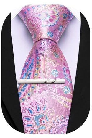 Barry.Wang Cravate cachemire pour homme en soie tissée et pince à cravate pour fête de mariage, affaires, formelle, Bleu/rose, taille unique