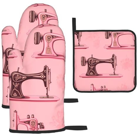 YYHWHJDE Kitchen Baking Set of 3 - Insulated Gloves and Pot Lid Pad for Oven and Grilling Vintage Pink Sewing Machine Pattern