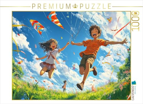 Puzzle · Fröhliche Anime-Kinderszene – Drachensteigen im sonnigen Frühling | Anime-Szene: Kinder mit Drachen unter blauem Himmel · Kawaii und… · 1000 Teile · Lege-Größe 64 × 48 cm · CALVENDO Puzzle