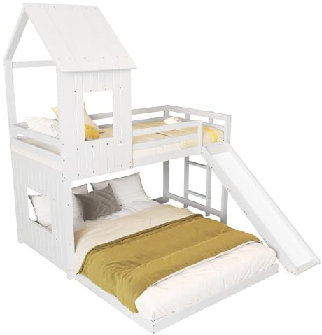 BXEYXE Letto a castello con scivolo, Haett, con rete anticaduta, con finestra e tetto, con scala a tre livelli, pino+MDF, bianco, 90 x 200 cm e 140 x 200 cm