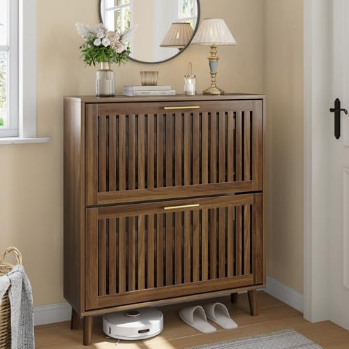 Smart FENDEE Shoe Storage Cabinet with 2 Flip Slatted Drawers, Narrow Wood Shoe Cabinet with Gold Handle, Hidden Entryway Shoe Organizer for Hallway, Foyer, Walnut