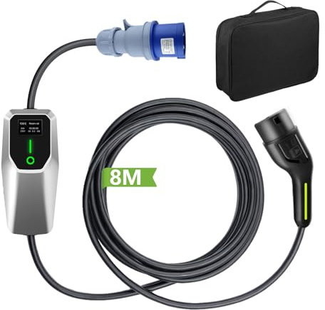 Hexinex Recharge Voiture Electrique 7kW, 32A Type 2- Prise CEE P17 Portable EV Chargeur Station de Charge Mobile/Wallbox Ajustable 6-32A | 7,4kW | 8 Mètre