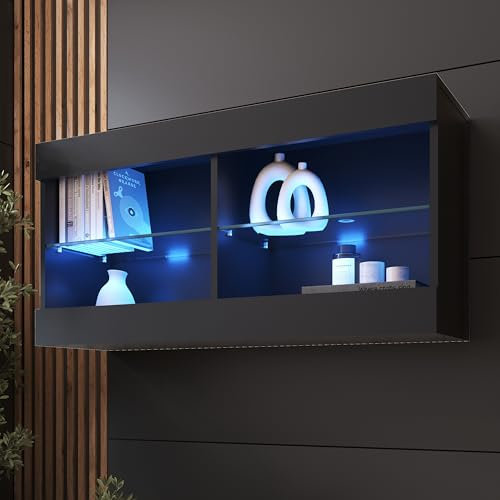 Komodee Tivoli Horizontal 100 Vetrina Sospesa, Nero/Nero, Illuminazione LED Blu, Larghezza 100 cm x Altezza 50 cm x Profondità 29 cm, Per Soggiorno, Sala Da Pranzo