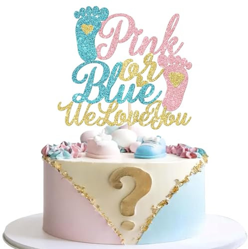 SYKYCTCY 1 Pack Glitter Pink or Blue We Love You Cake Topper Footprint Gender Reveal Cake Decoration for Baby Shower Theme Boy or Girl Gender Reveal Party Decoration Supplies