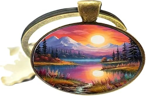 BMRYKCB Enchanted Twilight Sunset Forest Glass Art Photo Porte-clés, Argenté., 25mm