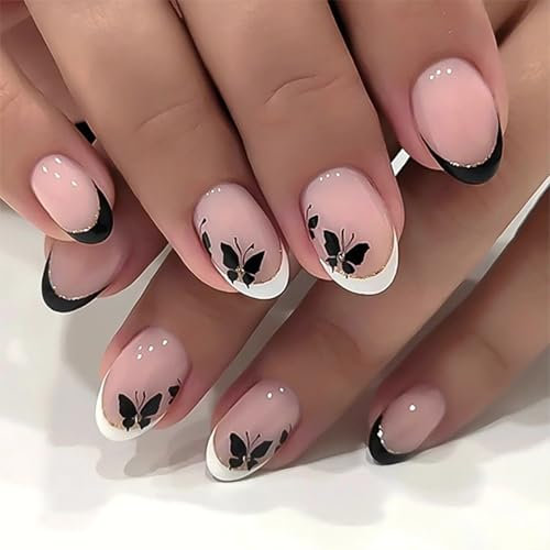 Short Almond Nails French Tip - 24PCS White Black Press on Nails - Two Color Mix and Match with Butterfly Pattern French Tip FalseNails - DIY Acrylic nails Gifts for Women Girls