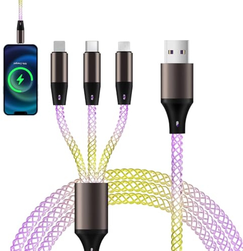 Light up Charging Cable, USB Multi Charger Cable, 3 in 1 Charger Cables, RGB Colorful Light Cord for iPhone, Android Samsung S22 S20, Huawei, Nexus, Nokia, LG, and More