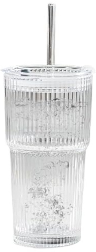 QUXVUIS Vasos de vidrio con tapa de bambú para café, té, batidos, café helado y más. Vasos vidrio con tapa y pajita.