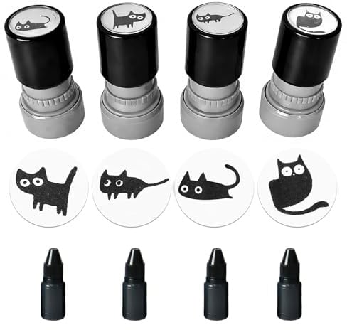 4 Stück Cartoon Kinder Stempel mit Vier Flaschen Stempelfarbe Selbstfärbende Lehrerstempel Grundschule Niedliches Katzen Lehrer Bewertung Belohnung Stempel Motiv Lernbüro Lob Siegel Ermutigung