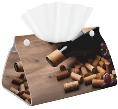 Wine Bottle Corks Grapes Tissue Box Cover Rectangle, Modern PU Leather Tissue Holder for Bathroom, Decorative Stylish Wipes Dispenser Paper Cover Case Napkin Holder for Home Decor