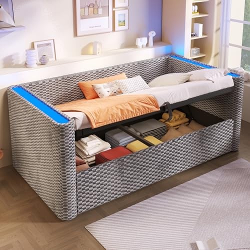 Kebnor Tagesbett, Daybett, Schlafsofa, 90 x 200 cm, mit LED-Beleuchtung, mit hydraulischem Stauraummechanismus, Lattenrost (ohne Matratze), Samt (Grau)