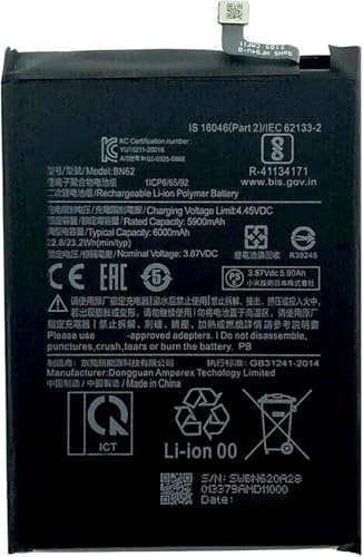 Batteria di ricambio BN62 (6000 mAh) compatibile con Xiaomi Redmi 9T, Xiaomi Poco M3 / POCOPHONE M3, Xiaomi Redmi Note 9 (4G) | modelli: M2010J19SY, M2010J19SG, M2010J19CG, M2010J19CI, M2010J19SC