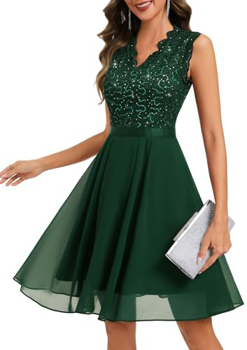 AOCZZ Kleid Hochzeitsgast Damen Glitzer Chiffon Spitze Cocktailkleid | Weiche Spitze und leichter Chiffon, Elastischer Bund, Dezente Pailletten, A-Linie, Knielang, festkleider für Hochzeit usw.