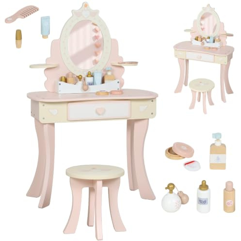 AIYAPLAY Schminktisch Kinder Abnehmbarer Spiegel Schublade 3 Jahre Rosa | 2-in-1 Kosmetiktisch, Hocker, Regal, 7-Teiligem Spielzubehör Schminktisch-Set
