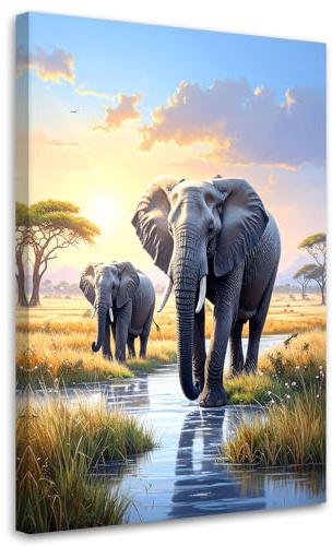 Feeby Bilder - Foto Geschenk - Elefanten Afrika Savanne Tiere - 60x90 1tlg - Leinwandbilder Wohnzimmer - Wandbild über dem Bett - Bild Schlafzimmer - Aesthetic Zimmer Deko - Modern Pictures