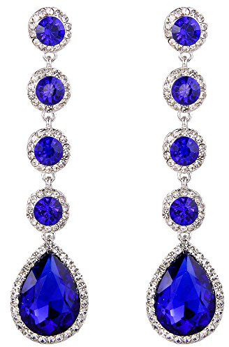 Clearine Mujer Pendientes Elegante Boda Nupcial Cristal Redondo Gota de lágrima Candelabro Cuelga llamativos Tono plateado Azul