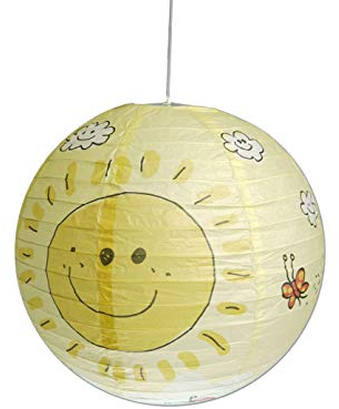 Papierlampe fürs Kinderzimmer mit dimmbare LED - Lampenschirm Sonnen Motiv - Pendelleuchte mit Aufhängung
