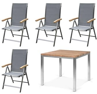 OUTFLEXX Tischgruppe mit 4 Klapp-Stühlen in Silber, Gartengarnitur aus Edelstahl Metall, Sitzgruppe mit Teak-Holz, Esstisch-Gruppe ca. 90x90 cm