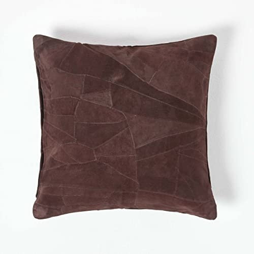 Homescapes Patchwork Leder-Kissen Dunkelbraun, Dekokissen 45x45 cm mit Füllung, Sofakissen Velours aus Recycling-Leder