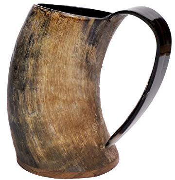 Brillibrum Design Trinkhorn Becher echtes Kuhhorn poliert mit Griff Wikinger Becher Trink-Gefäß aus Horn Bierkrug Mittelalter Unikat Horntasse Met (600 ml, Kuhhornbecher)