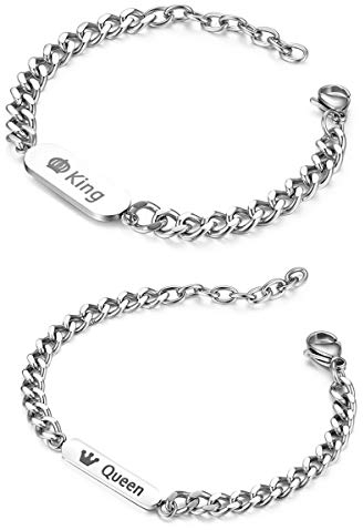 Flongo Partnerarmband BFF Ketten Freundschaftsarmbänder für 2 Edelstahl Armband Armreif Armkette Silber Panzerkette Kette Partnerarmbänder Paar King Queen Krone Gravur Herren,Damen