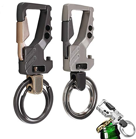 HO2NLE 2pcs Hommes Porte-clés Voiture Mousqueton Porte Clé Décapsuleur Metal Porte-Clé Ouvre-Bouteille Noire et Argent