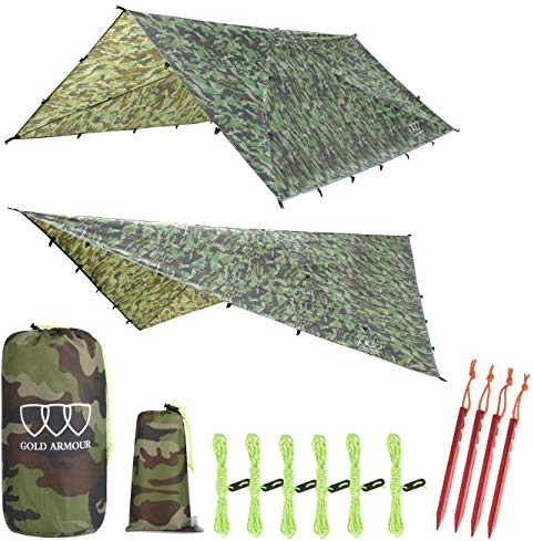 Gold Armour Rainfly Tarp Hammock, 14.7ft/12ft/10ft/8ft Rain Fly Cover, Waterproof Ultralight Ripstop Fabric, Survival Gear Backpacking Camping Tent Accessories (Camouflage, 12ft x 10ft)