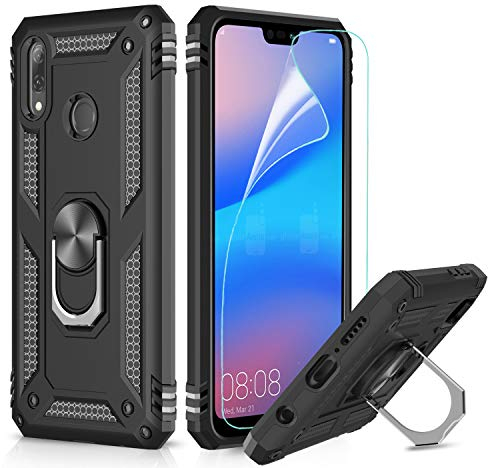 LeYi Custodia per Huawei P20 Lite Cover, Girevole Regolabile Ring Armor Bumper TPU Case Magnetica Supporto Smartphone Silicone Custodie con HD Pellicola per Huawei P20 Lite Case Nero