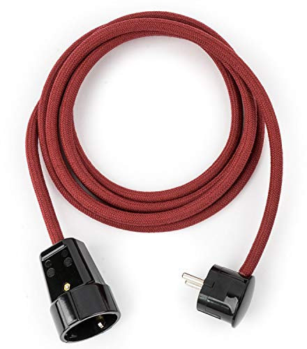 Rallonge textile | Câble textile avec fiche coudée Schuko et embrayage en Duroplast (aspect akelit), rouge