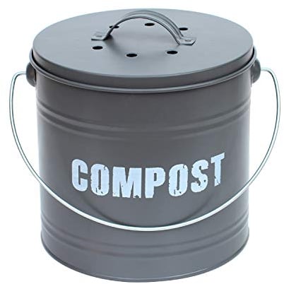 8L 8 Litre Vintage Style Galvanised Compost Food Waste Recycling Bin Caddy - MATT Grey - with Odour Absorbing Filter - 21cm (H) x 21cm (Dia)