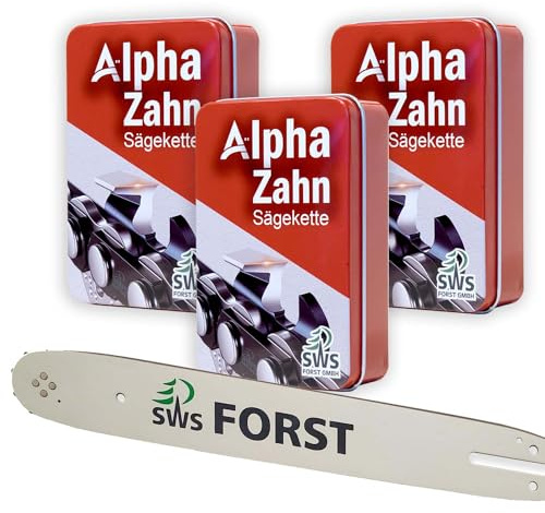 30cm SWS Forst GmbH Schwert Set mit 3 Alphazahn Sägeketten in der praktischen Metallbox 3/8 1,1mm 44TG kompatibel mit Stihl HT101