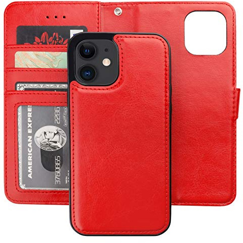 Bocasal Compatible with iPhone 12 & iPhone 12 Pro Wallet Case with Card Holder PU Leather Magnetic Detachable Kickstand Shockproof Wrist Strap Removable Flip Cover 6.1 inch (Red)