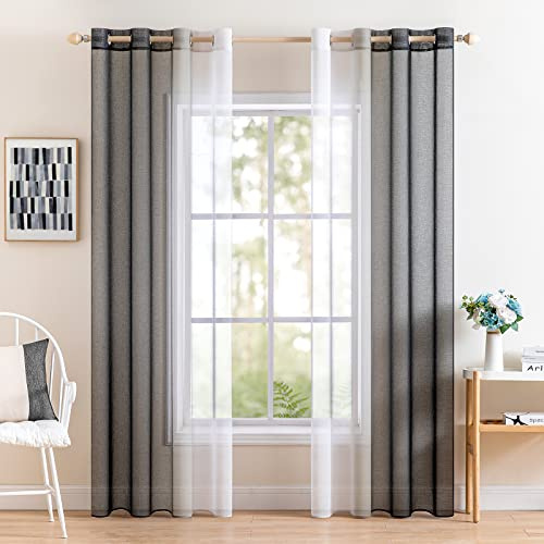 MIULEE 2er Set Voile Vorhang Zweifarbiger Vorhang mit Ösen Transparente Gardine Ösenschal Fensterschal Lichtdurchlässig für Schlafzimmer, 140x145cm, Schwarz