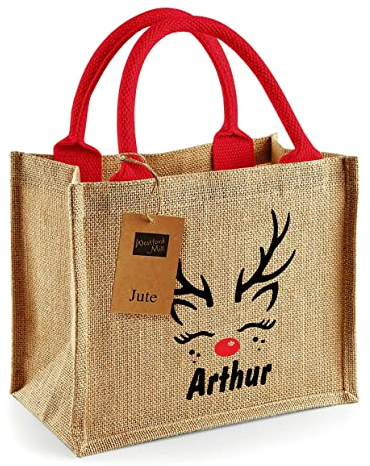 Unikatolo Nikolaus Tasche rote Henkel mit Name, Jutetasche Weihnachten, Nikolaus Geschenk personalisiert, Rentier, Geschenkverpackung Kinder, Weihnachtsdeko Jute