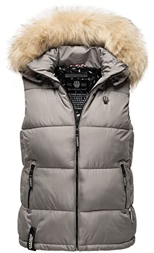 MARIKOO Damen Winter Weste Steppweste mit Kapuze und Fellkragen B896 [B896-Eisflöckchen-Grau-Gr.L]