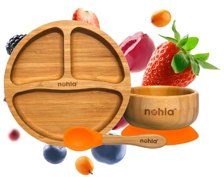 nohla ® - Bamboo Baby & Toddler Suction Plate, Bowl & Silicone Spoon Weaning Set - Suction Ring for Secure Grip on Smooth Surfaces - Eco-Friendly, BPA-Free - Orange