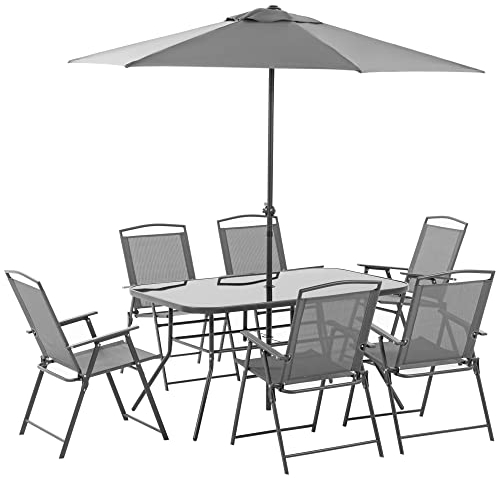 Outsunny Ensemble Salon de Jardin 8 pièces avec Grand Parasol, Table dim.140L x 90l x 70H cm et chaises Pliantes pour 6 Personnes - métal époxy textilène Polyester Gris