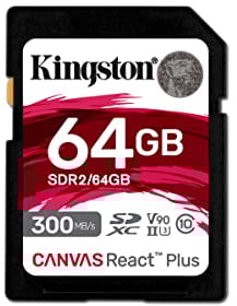 Kingston Canvas React Plus 64GB SDXC Memory Card UHS-II 300R/260W U3 V90 for Full HD/4K/8K - SDR2/64GB
