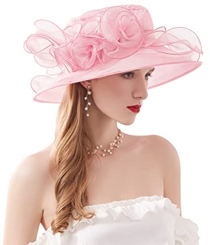 ELLYDOOR Organza Derby Hats for Women Wide Brim Fascinator Hat Rose Flower Wedding Tea Party Hat, 12 Elegant Pink, One Size