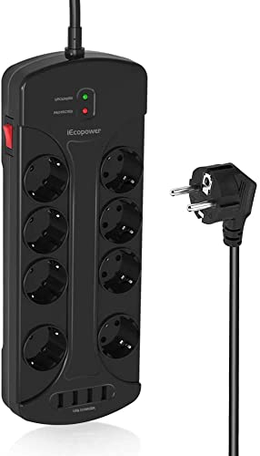 iEcopower 8 Steckdosenleiste Überspannungsschutz mit 4 USB Ports, 3680W/16A, 1050 Joule, Wandmontage Mehrfachsteckdose Überspannungsschutz mit 1,5m Verlängerungskabel Schwarz
