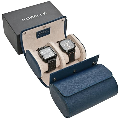 ROSELLE Echtleder-Uhrenrolltasche für 2 Uhren mit luxuriösem Futter, Schutz, Transport, Aufbewahrung und Präsentation hochwertiger Uhren (2 Fächer, blau, Echtleder)
