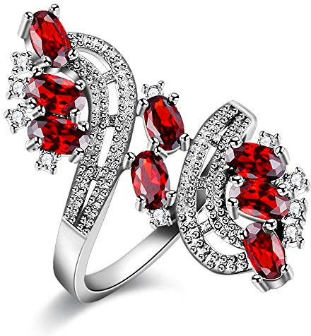 Uloveido J656-New Bague en forme de fleur plaquée noire avec symbole de vie en forme d'arbre de feuille et oxyde de zirconium ovale rouge, Cristal, Oxyde de Zirconium