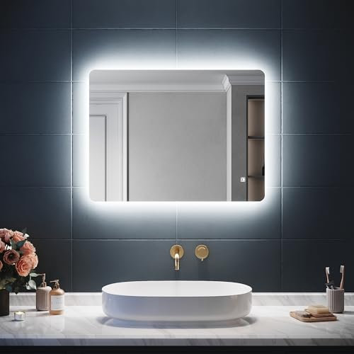 SIRHONA Miroir de Salle de Bain avec Éclairage, Miroir de Salle de Bain LED avec Anti-buée, Commande Tactile, 3 Températures de Couleur, Dimmable, Fonction Mémoire, 80x60cm